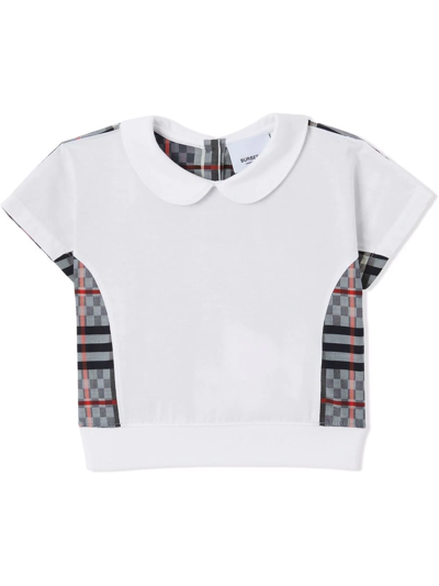 Burberry Babies' Kids Collared Chequerboard-panel T-shirt (6-24 Months) In White