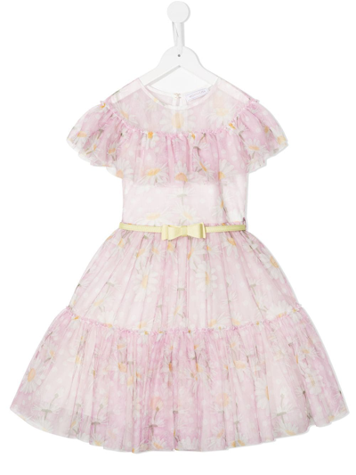 Monnalisa Kids' Pink Floral Tulle Dress With Bow