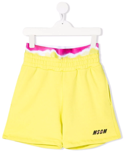 Msgm Kids' Tie-dye Trim Logo Print Runner Shorts In Yellow