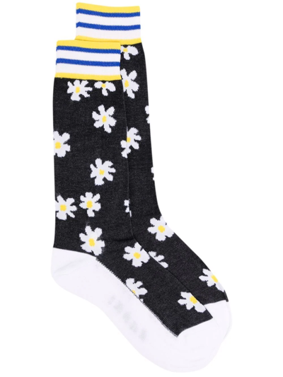 Marni Floral-print Mid-calf Socks In Black
