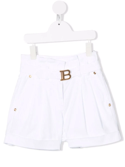 Balmain Teen High-waisted Belted Denim Shorts In Bianco