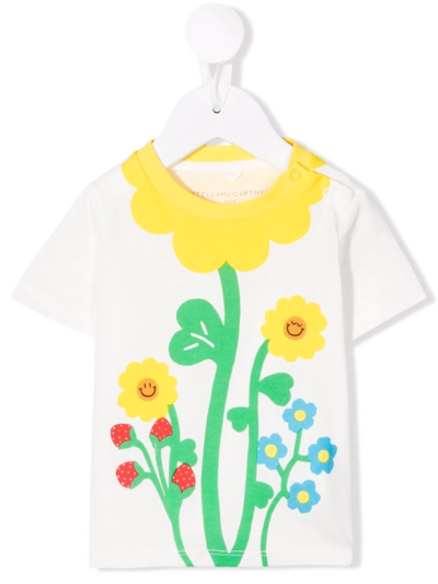 Stella Mccartney Babies' White T-shirt For Girl With Colorful Flowers In Bianco