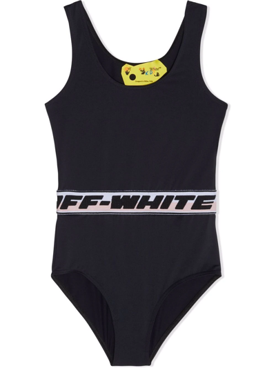 Off-white Kids' Logo再生科技织物连体泳衣 In Black