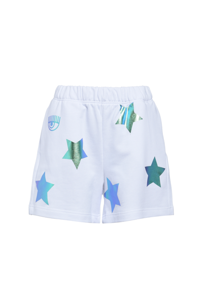 Chiara Ferragni Fleece Jogger Style Shorts With Stretch Waist And Star Motif In White