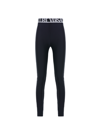 Versace Jeans Couture Plain Leggings With Logo Elastic Waist In Black