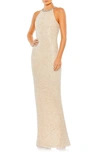 Mac Duggal Halter Neck Sequin Gown In Beige Silver