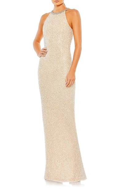 Mac Duggal Halter Neck Sequin Gown In Nude Silver