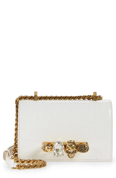 Alexander Mcqueen Mini Jeweled Croc Embossed Leather Satchel In Deep Ivory
