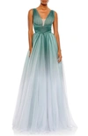 Mac Duggal Glitter Ombre V Neck Sleeveless Gown In Jade Ombre
