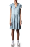 Zadig & Voltaire Rito Satin Self-tie High Neck Tiered Mini Dress In Nuage