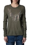 Zadig & Voltaire Miss Crystal Eagle Graphic Cashmere Sweater In Kaki