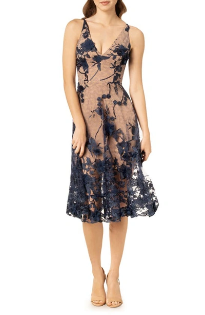 Dress The Population Audrey Embroidered Fit & Flare Dress In Navy/ Nude