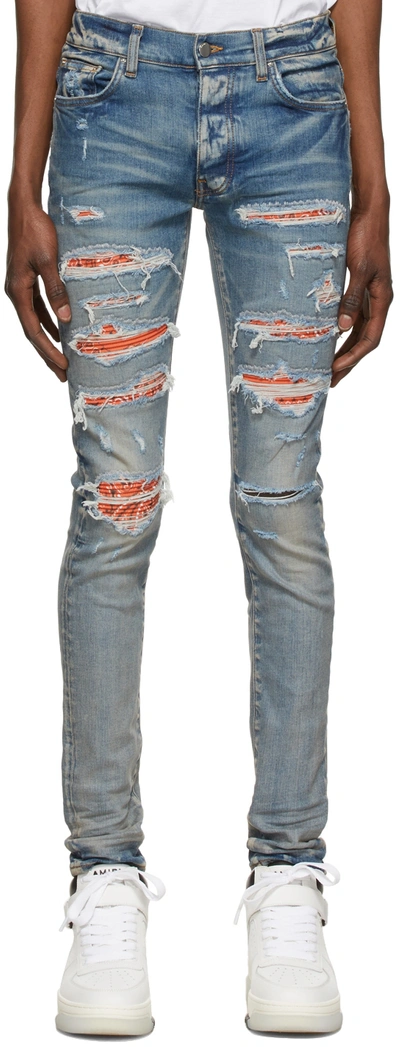 Amiri Men's Bandana Patchwork Thrasher Jeans In Blue