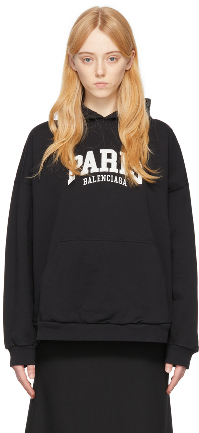 Balenciaga Embroidered Wide Cotton Hoodie In Noir/ecru