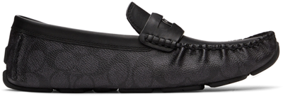 Coach Black & Grey Leather Coin Driver Loafers In Charcoal Black