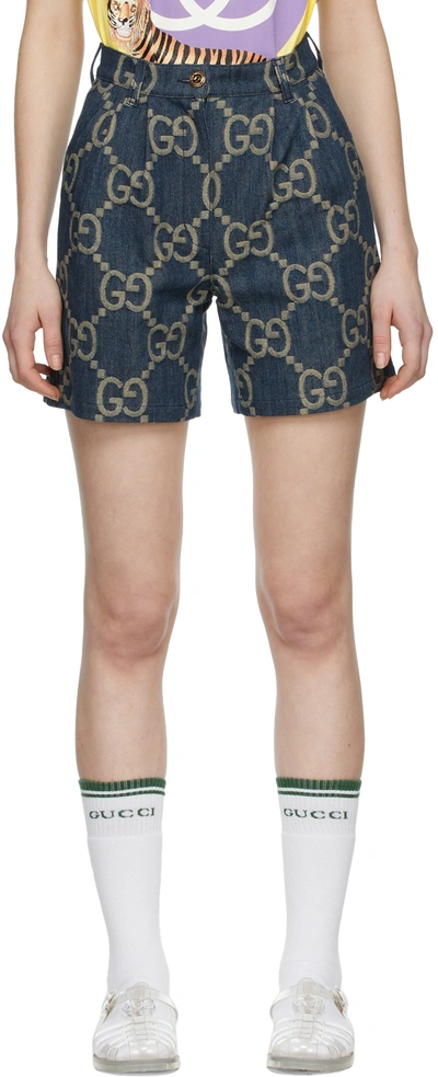 Gucci Gg-jacquard Leather-trim Denim Shorts In Blue