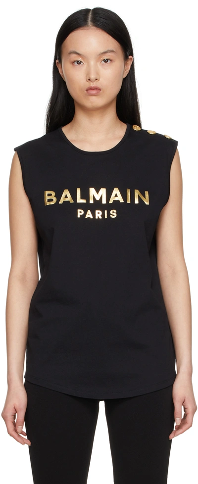 Balmain Logo-print Cotton Tank Top In Black,gold