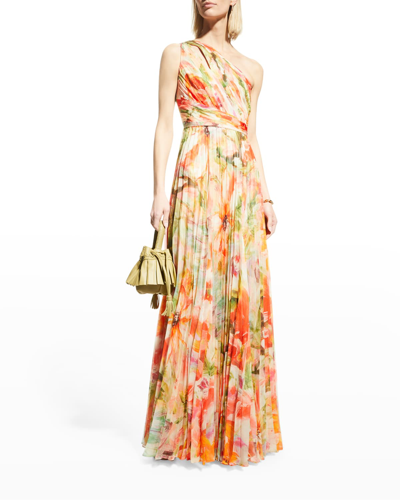 Marchesa Notte Pleated Floral-print One-shoulder Gown In Melon