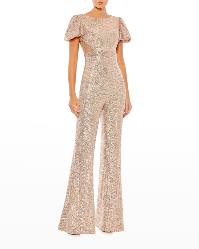Ieena For Mac Duggal Sequined Puff Shoulder Illusion Cut Out Jumpsuit Dress In Blush
