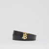 Burberry Black / Malt Brown Ladies Tb Buckle Reversible Leather Belt, Size Small In Black/tan/gold