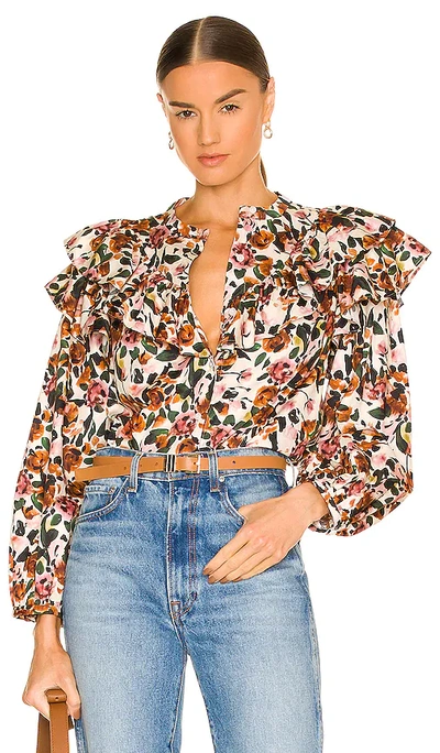 Something Navy Floral Ruffle Button Front Long Sleeve Blouse In Cream Multi