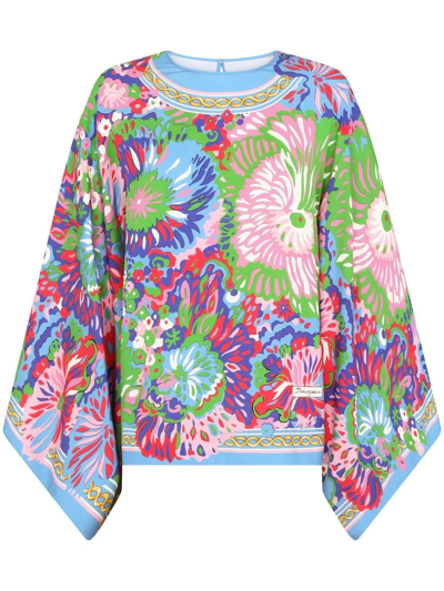 Dolce & Gabbana 60s-print Charmeuse Tunic With Kimono Sleeves In Multicolor