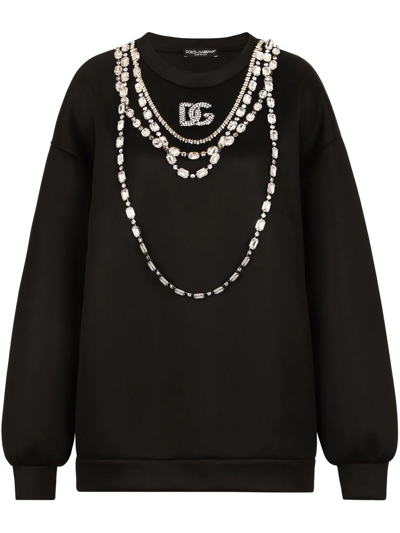 Dolce & Gabbana Jersey Sweatshirt With Necklace And Crystal-embellished Dg Logo In Black
