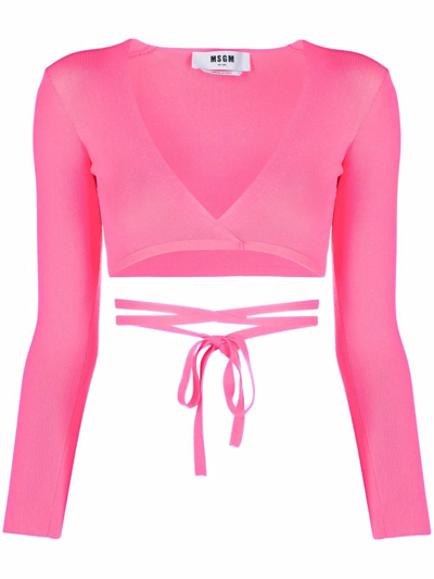 Msgm Lace-up Cropped Top In Pink
