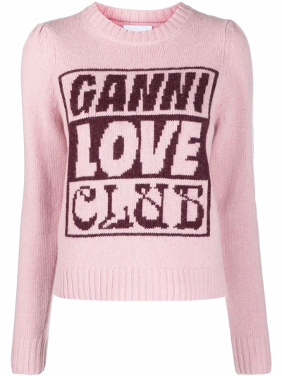 Ganni Embroidered-logo Crew-neck Jumper In Pink