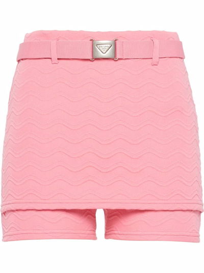 Prada Jacquard Belted Mini Shorts In Pink