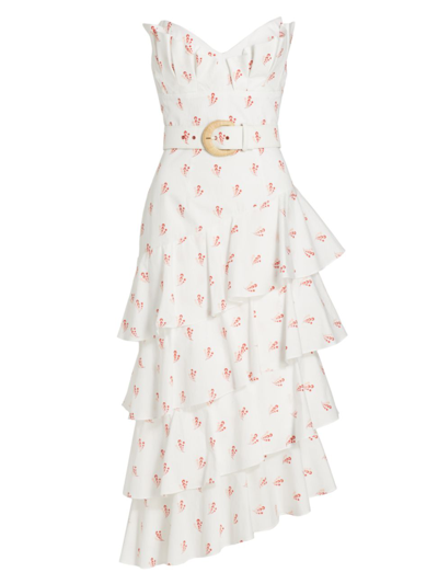 Markarian Floral Belted Ruffled Midi-dress In White Red