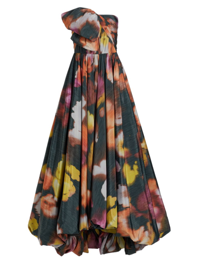 Jason Wu Collection Iris Floral Warp-print Strapless High-low Gown In Black Multi