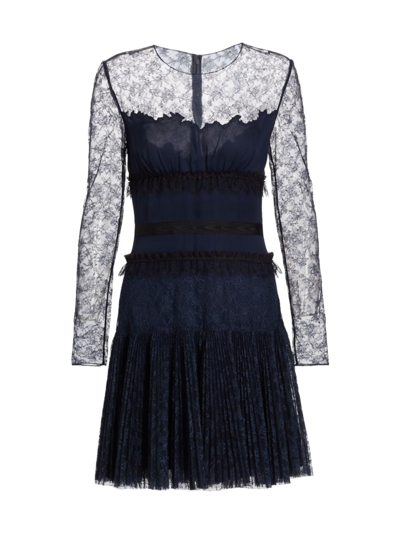 Jason Wu Collection Lace Pleated Ruffle-trim Cocktail Dress In Navy