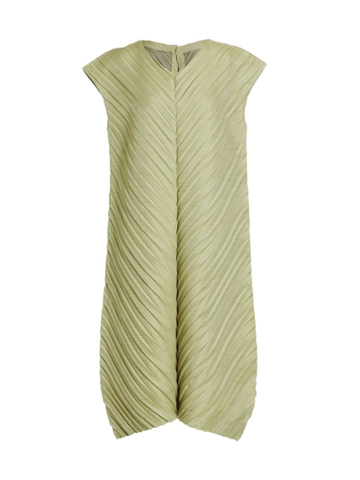 Issey Miyake Herringbone Pleats Midi-dress In Light Green