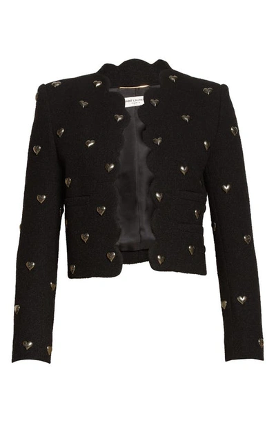 Saint Laurent Black Heart-embellished Wool-blend Bouclé Jacket In Nero