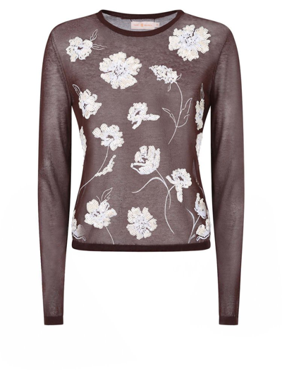 Tory Burch Jumper In Cotton Blend With Embroidered Flowers In Brown