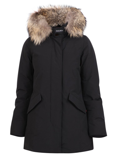 Woolrich Hooded Fur Trimmed Coat In Black