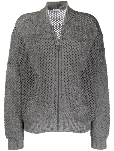 Brunello Cucinelli Cardigan Sparkling Mesh Bomber Style In Grau