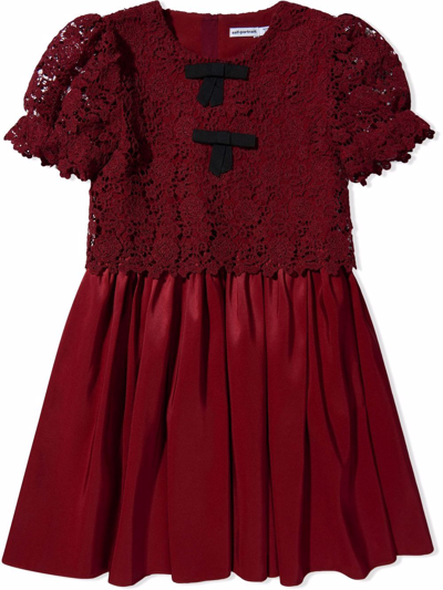 Self-portrait Kids Burgundy Guipure Lace And Taffeta Dress In Rosso