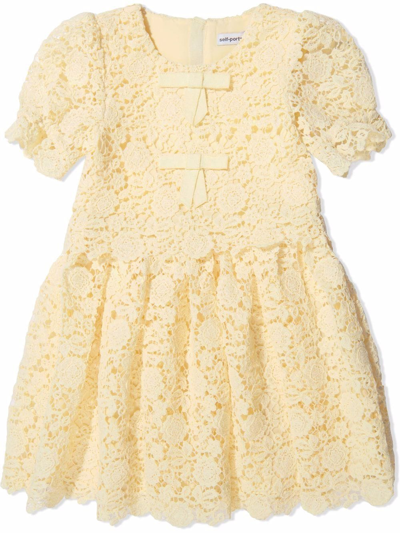 Self-portrait Kids' Floral-crochet Short-sleeve Dress In Yellow