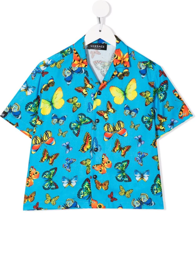 Versace Kids' Butterfly-print Short-sleeved Shirt In Blue