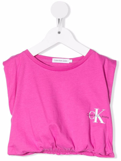 Calvin Klein Kids' Logo-print Cap-sleeve T-shirt In Pink