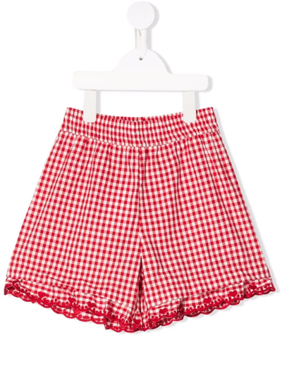 Monnalisa Kids' Gingham Embroidered Cotton Shorts In Cream + Red
