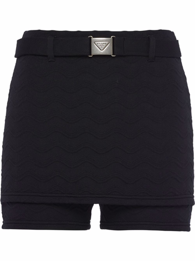 Prada Jacquard Belted Mini Shorts In Nero ModeSens