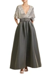 Sachin & Babi Simone Sequin Gown W/ Pleated Skirt In Silv/ Charc