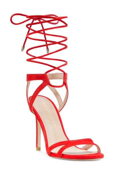 Stuart Weitzman Soiree 100 Lace-up Sandal The Sw Outlet In Coral Suede