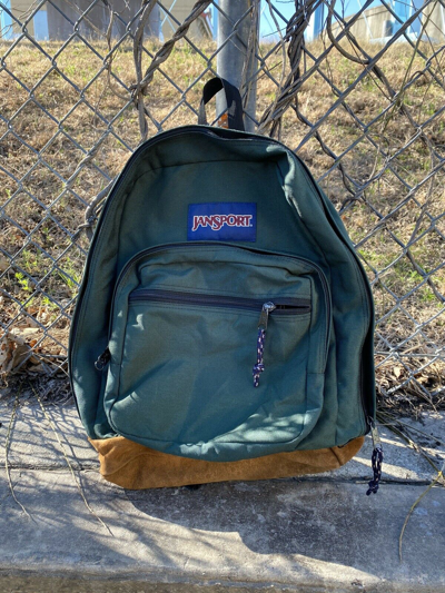 Pre-owned Jansport Backpack Dark Green W/ Suede Leather Made In Usa (read Disc)