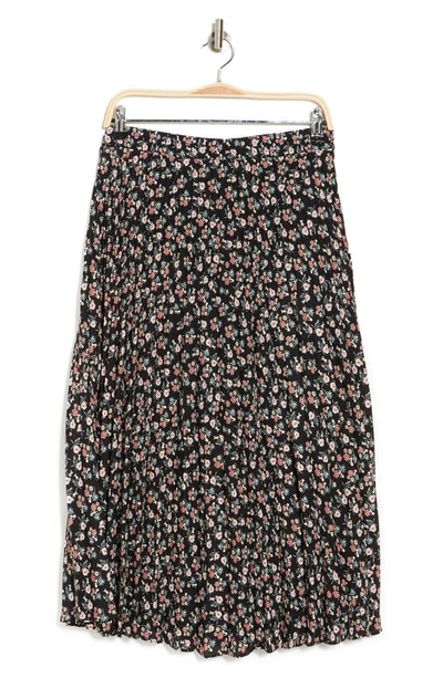 Max Studio Pleated Midi Skirt In Black/ Coral Floral Thistle