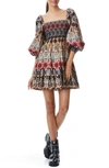 ALICE AND OLIVIA SMOCKED LONG SLEEVE STRETCH COTTON MINI DRESS