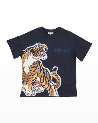 Kenzo Kids' Boys Cotton T-shirt With Tiger Print In Navy